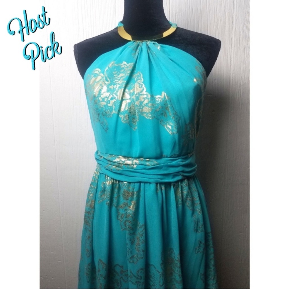 Robbie Bee Teal Midi Dress metallic gold floral & neck hardware summer  14